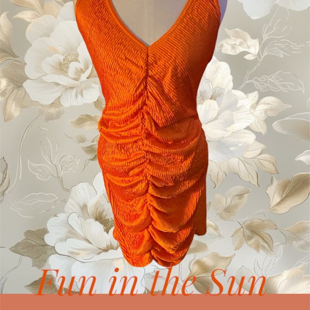 Vibrant Orange Ruched Dress.  Ruched Front Detail
#N066